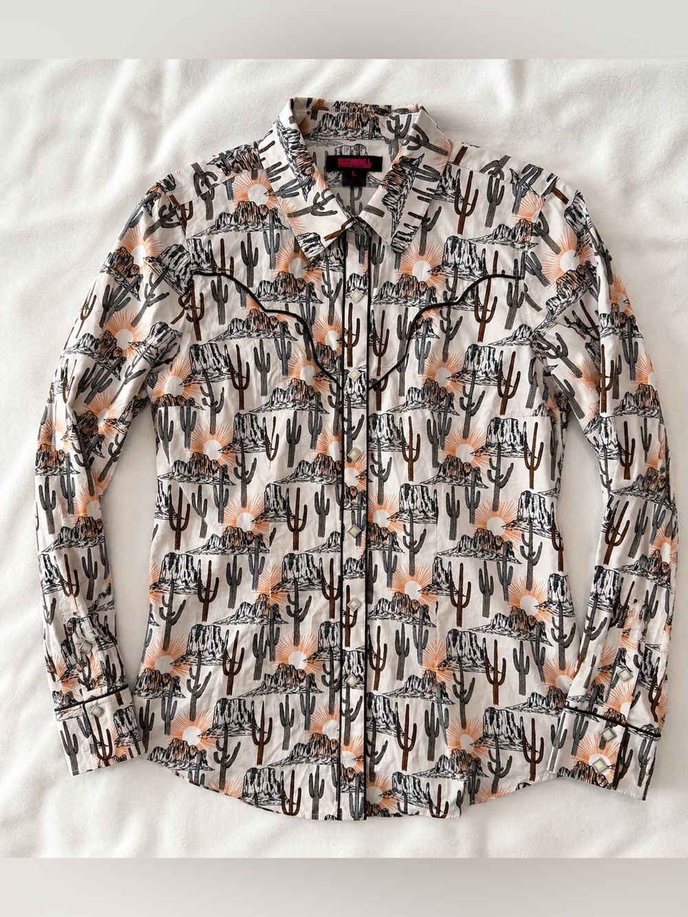 Rock & Roll Denim Western Cactus Desert Print Snap Front Shirt Women’s Large